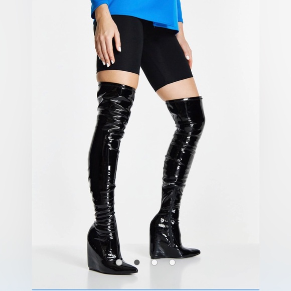 ASOS Krissy Black Patent Wedge OTK Thigh Boots New - Picture 2 of 8